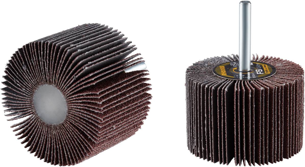 Deux roues à lamelles abrasives avec un arbre central, présentées de face et de profil. Elles sont destinées à l'usinage des métaux.