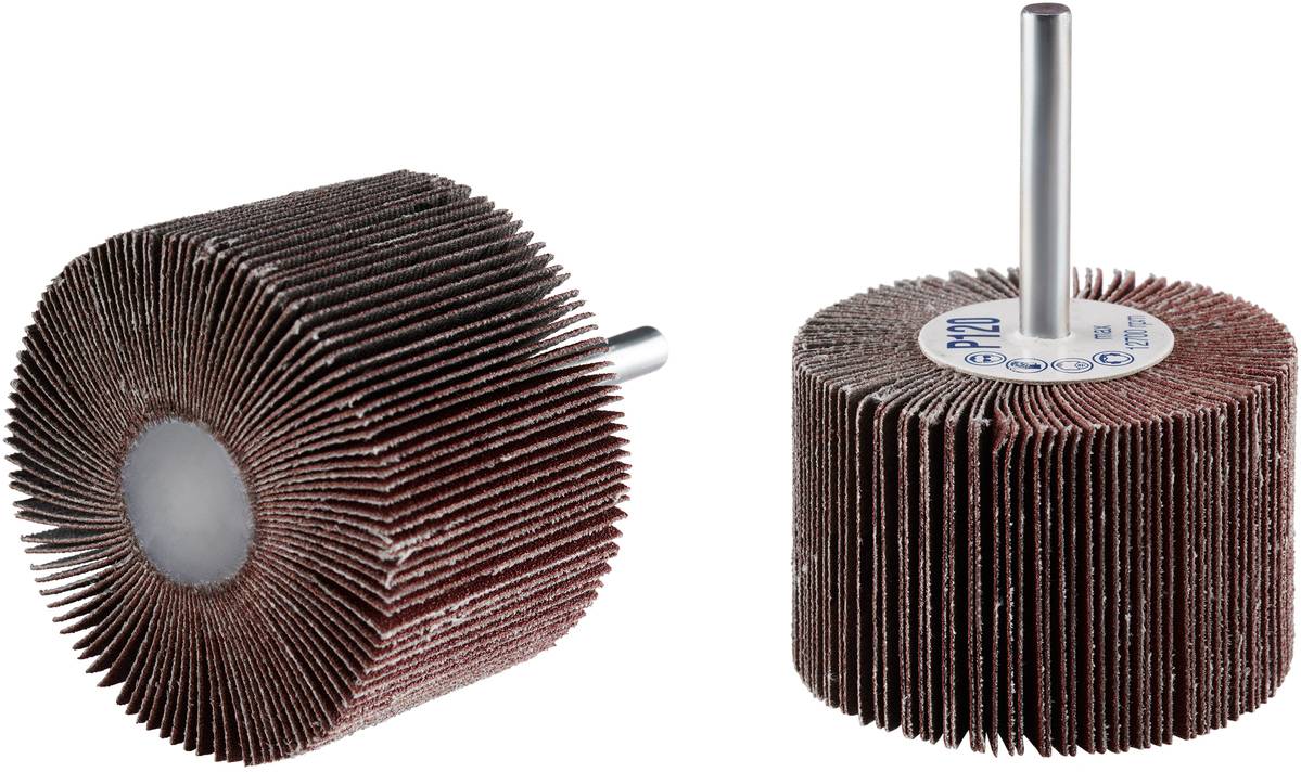 Deux roues à lamelles abrasives avec tige en acier, idéales pour le meulage et le polissage précis de différents matériaux.