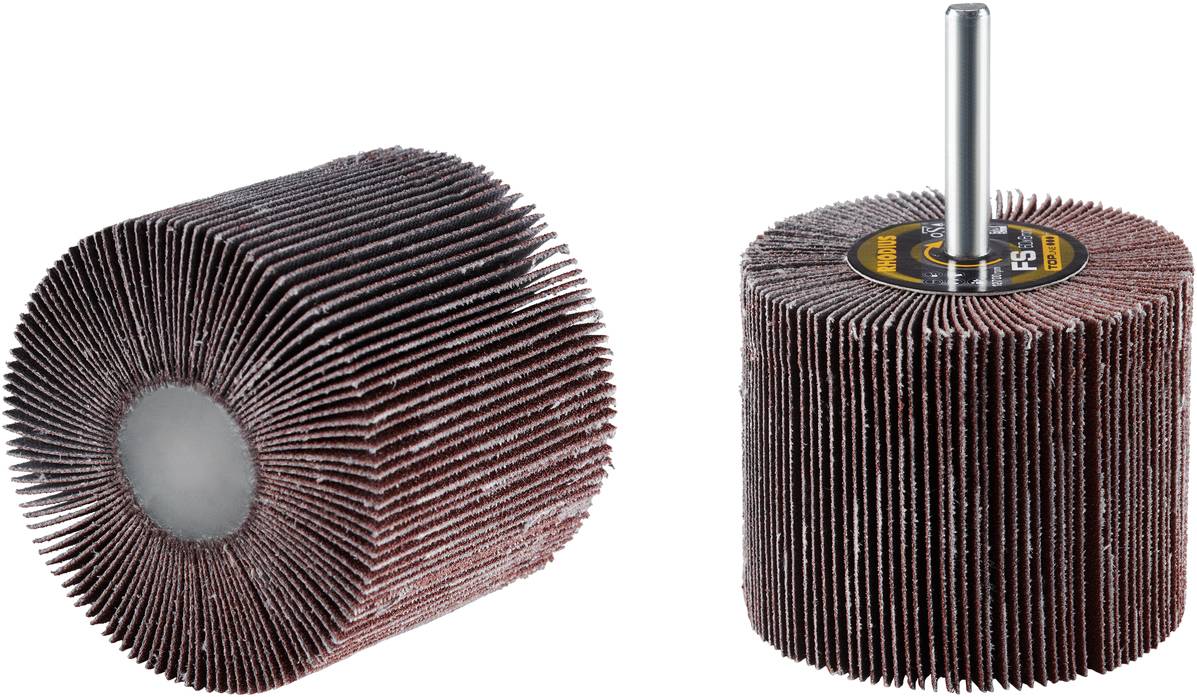 Deux rouleaux de meulage brun-rouge avec des lamelles fines, l'un debout et l'autre couché, sur un fond blanc. Outil de traitement de surface.