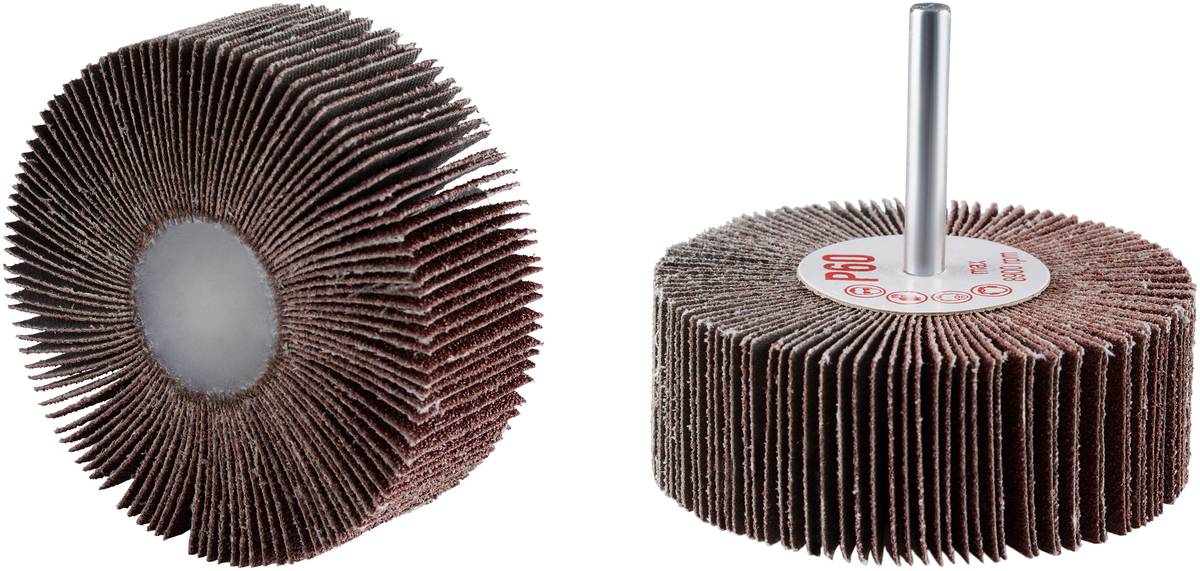 Deux meules abrasives, l'une horizontale, l'autre verticale avec tige visible. Adaptées pour le traitement des surfaces.