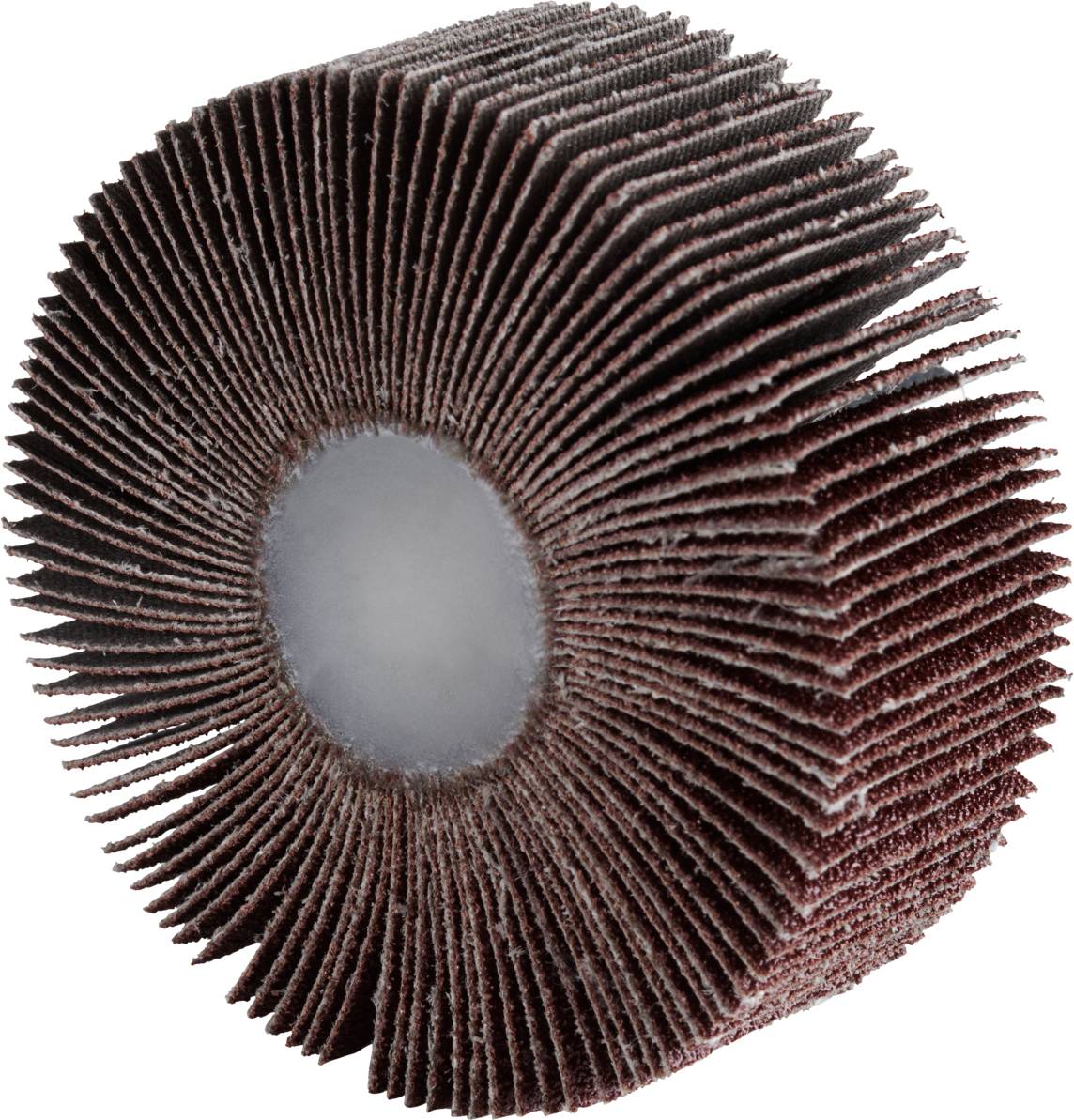 Roue abrasive brune à lamelles, vue de côté, montrant la disposition en éventail des lamelles autour d'un trou central.