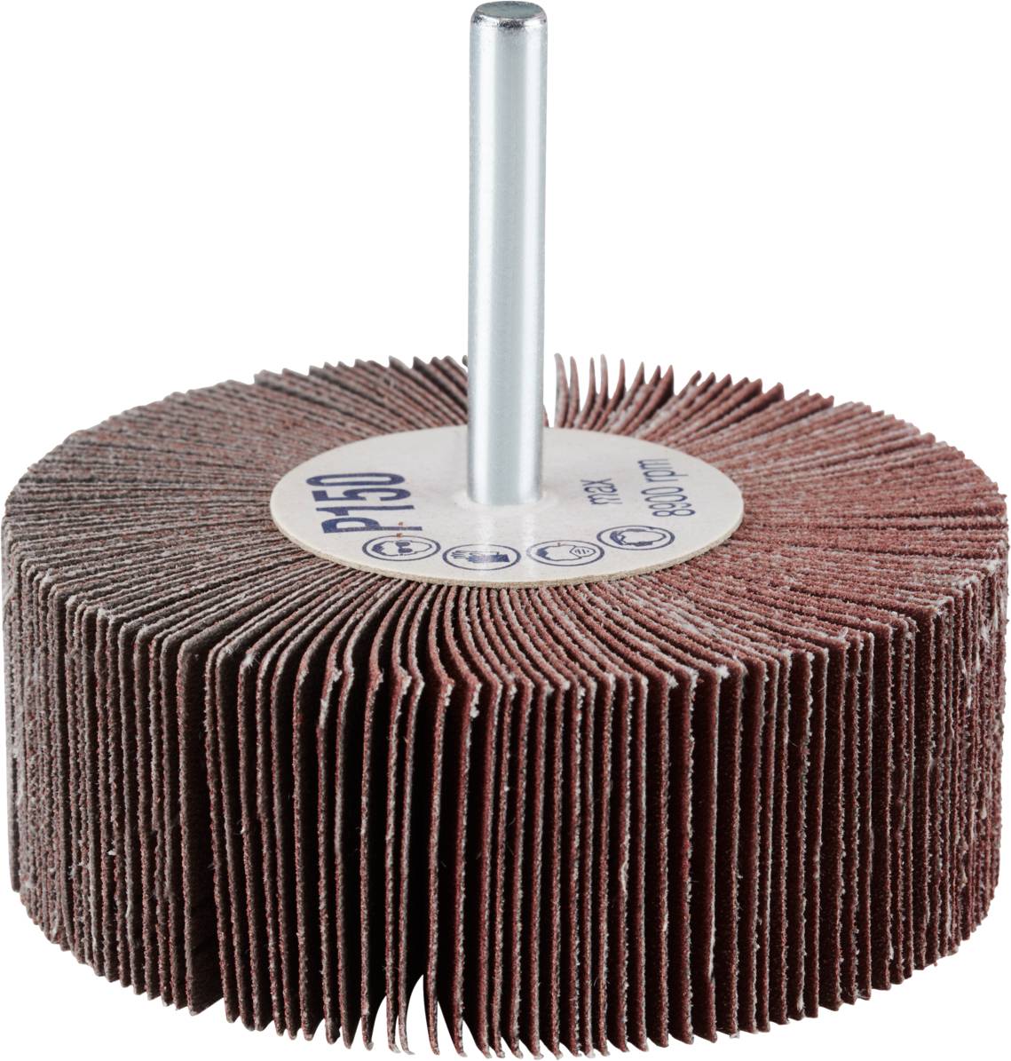 Disque abrasif à lamelles avec tige métallique, grain P150, pour le polissage et le lissage des surfaces. Idéal pour des travaux de ponçage précis.