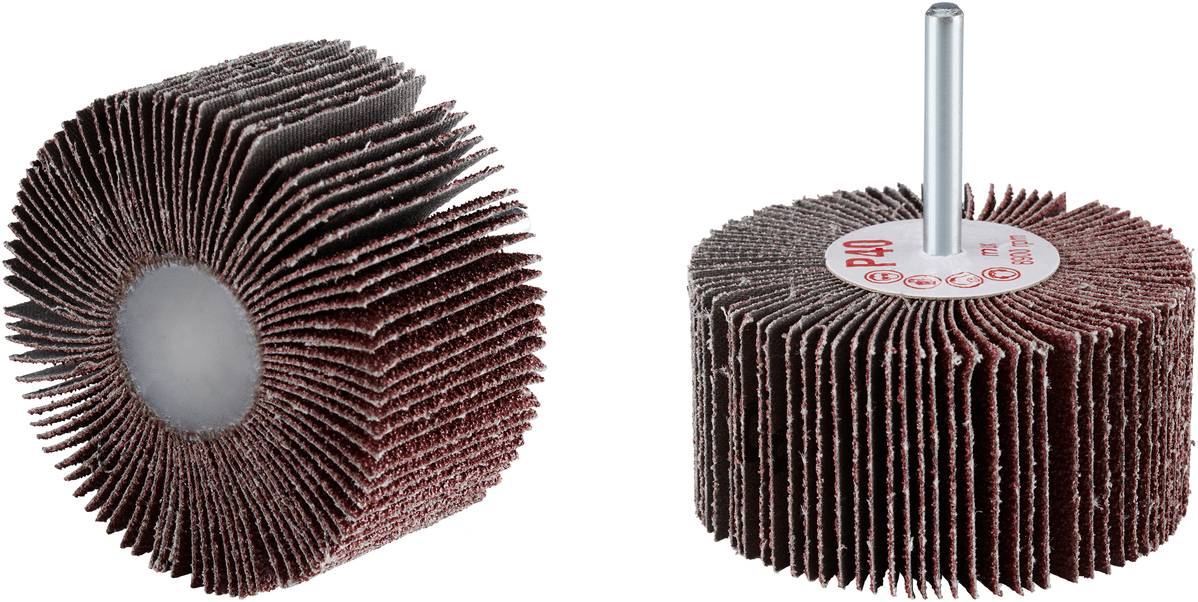 Ponceuse à lamelles abrasives avec axe métallique monté, adaptée pour le ponçage de surfaces métalliques et en bois.