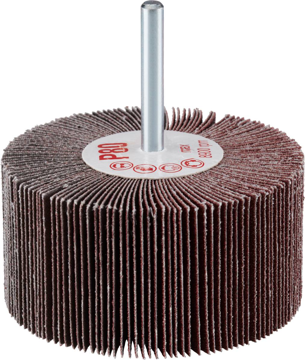 Meule cylindrique avec grain P80, tige métallique centrale pour perceuse, adaptée aux travaux de ponçage sur bois et métal.