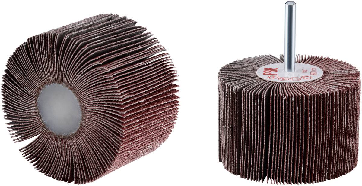 Deux meules cylindriques avec des lamelles abrasives rouge-brun et une tige métallique. À gauche : vue de dessus. À droite : vue de côté.