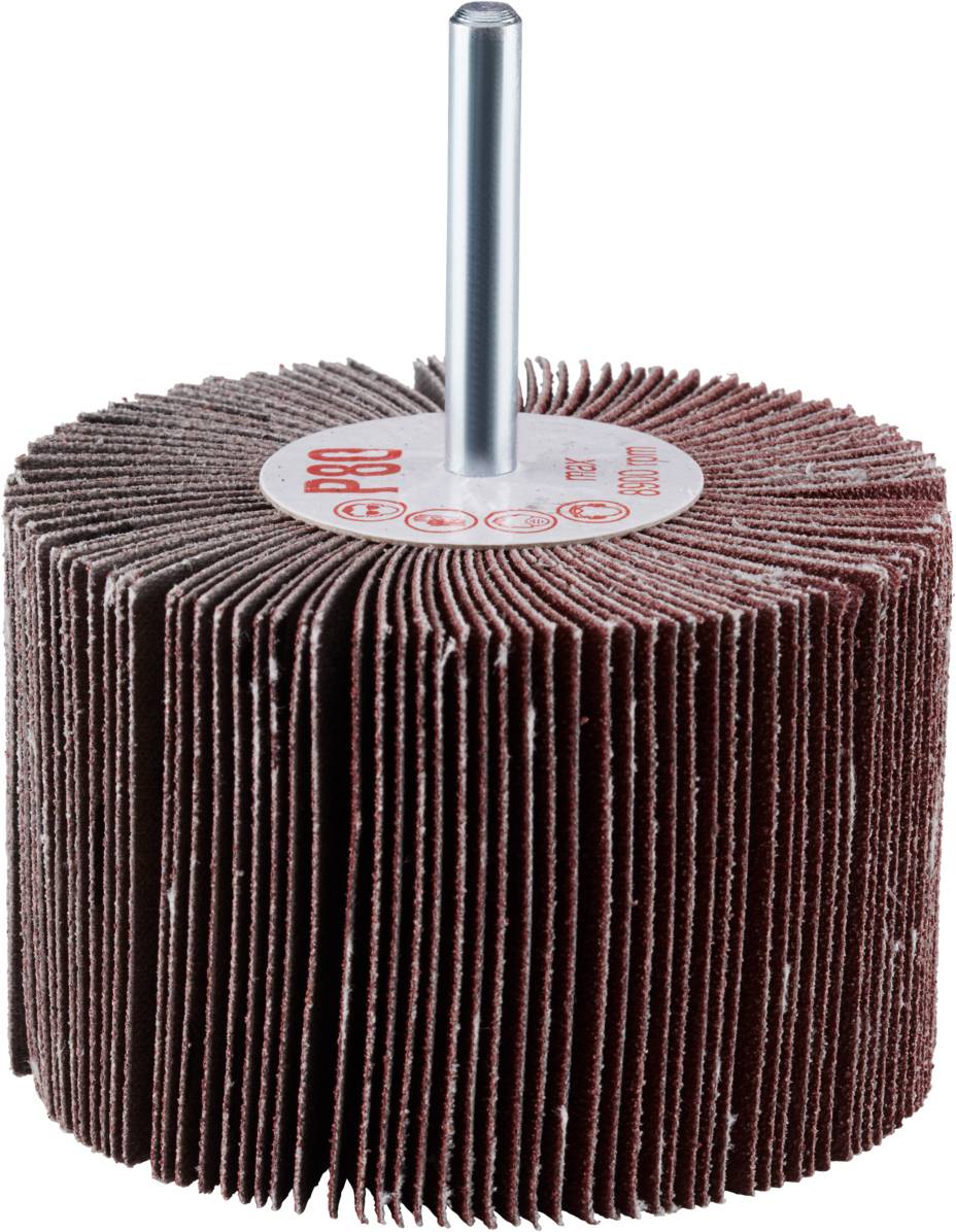 Une serpillière abrasive rouge-brune avec manche en métal. Adaptée pour une utilisation dans des perceuses pour le traitement de surface et le polissage.