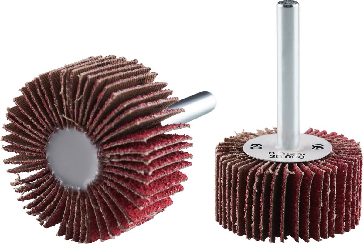 Deux outils de ponçage munis de poignées métalliques et de disques abrasifs disposés en éventail, en matériau rouge, pour le traitement de surface.