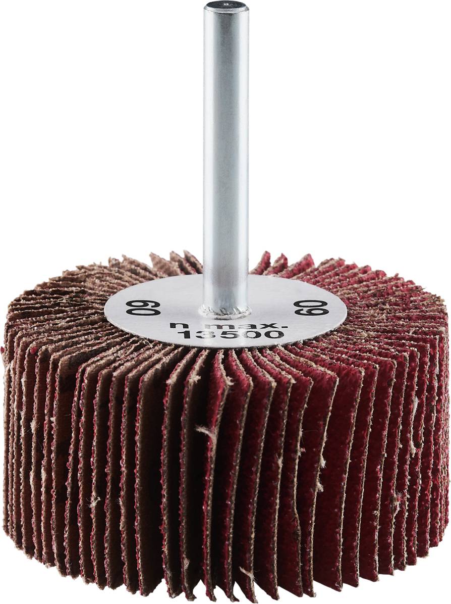 Outil de meulage avec des lamelles rouge-brun montées sur une tige métallique, utilisé pour polir ou meuler des surfaces.