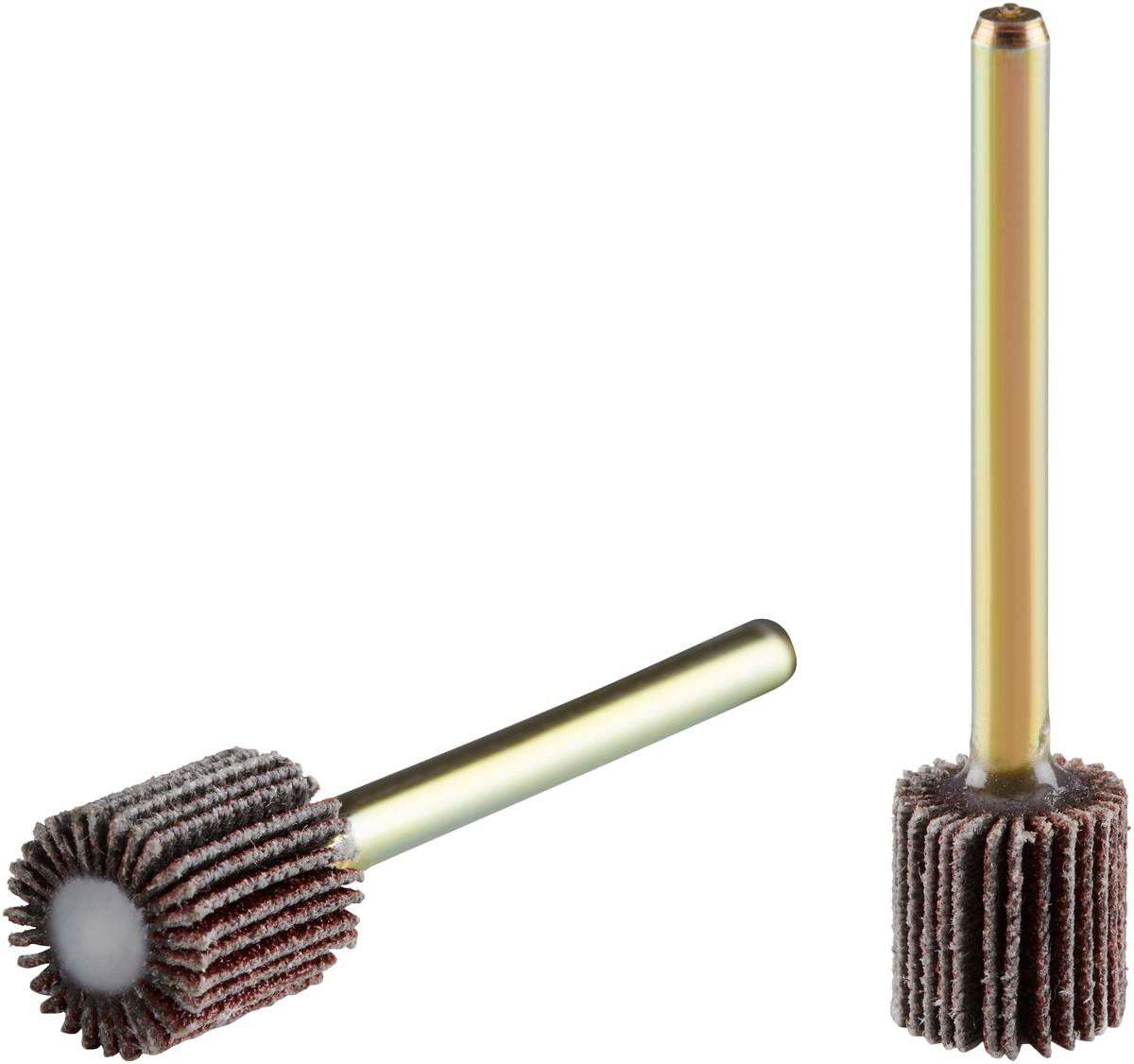 Deux accessoires de meulage avec des lamelles brun-rougeâtre et des tiges dorées, utilisés pour le polissage et le meulage dans des travaux artisanaux.