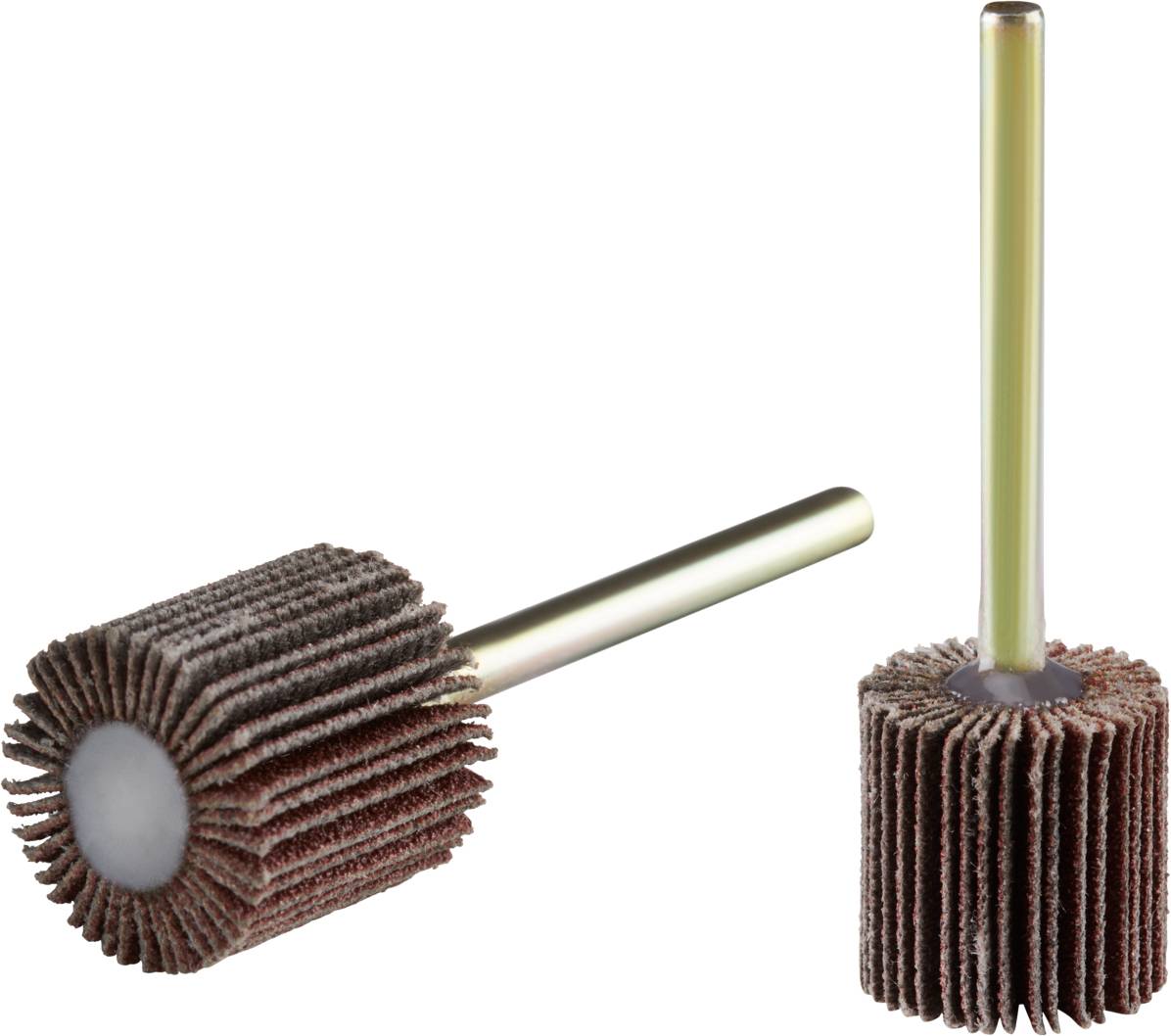 Deux brosses abrasives, l'une posée à plat, l'autre debout. Toutes deux ont des lamelles brunes et sont fixées sur des manches argentés.