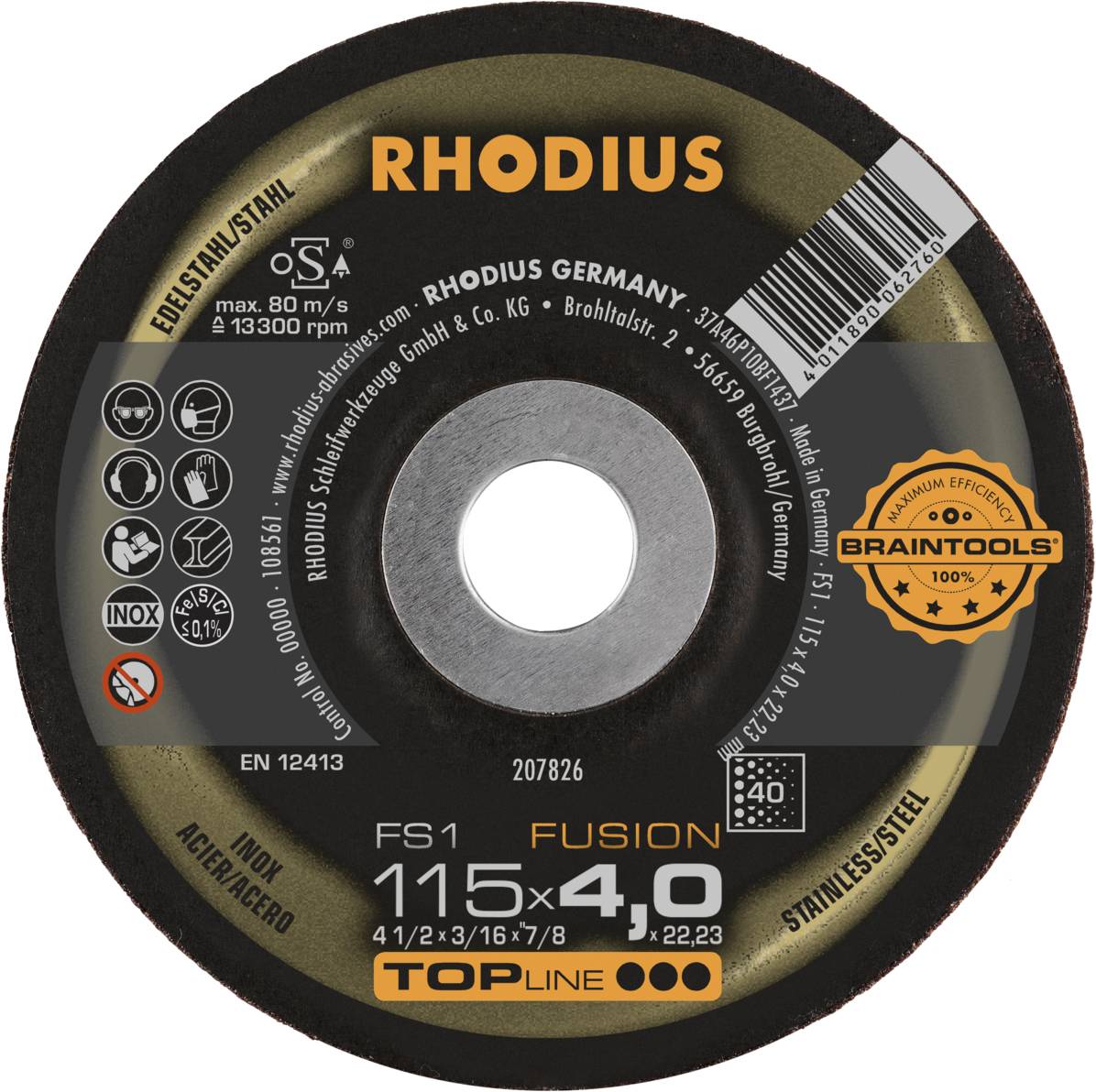 Disque à tronçonner Rhodius, modèle FS1 Fusion. Diamètre 115 mm, épaisseur 4,0 mm. Adapté pour l'acier inoxydable, vitesse maximale 13 300 tr/min.