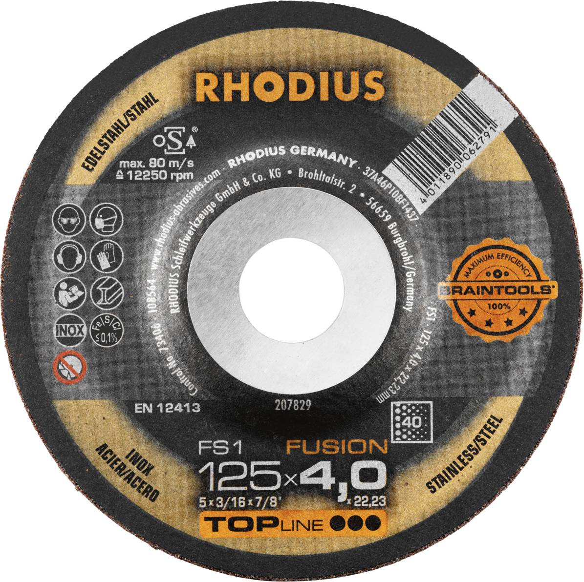 Disque à tronçonner RHODIUS, diamètre 125 mm, adapté pour l'acier inoxydable, vitesse de rotation maximale de 80 m/s.