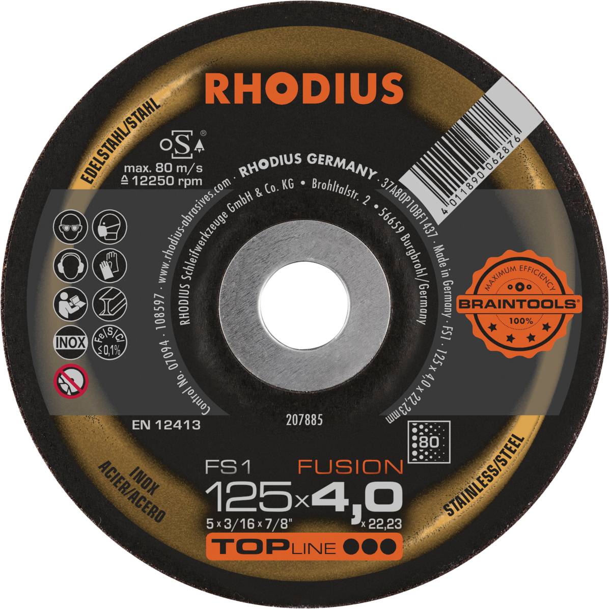 Disque à tronçonner Rhodius, type FS 1 Fusion, de 125 mm de diamètre et 4,0 mm d'épaisseur pour l'acier inoxydable. Vitesse de rotation maximale : 80 m/s.