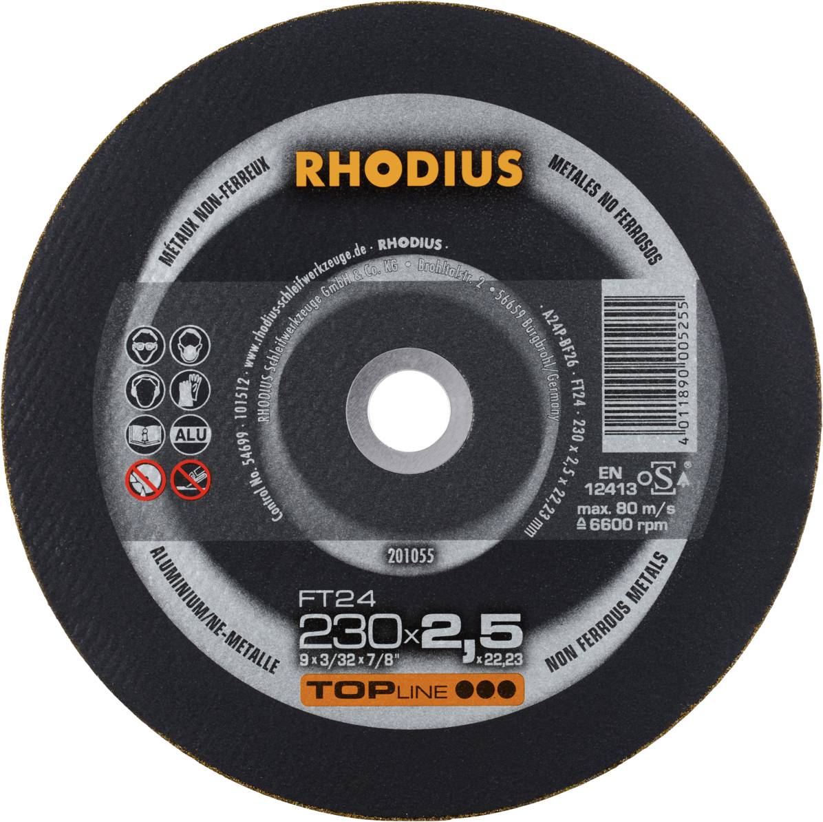 Disque à tronçonner 'Rhodius' pour métal, 230 x 2,5 mm. Contient des symboles d'avertissement de sécurité et de matériau. Vitesse de rotation maximale 80 m/s.