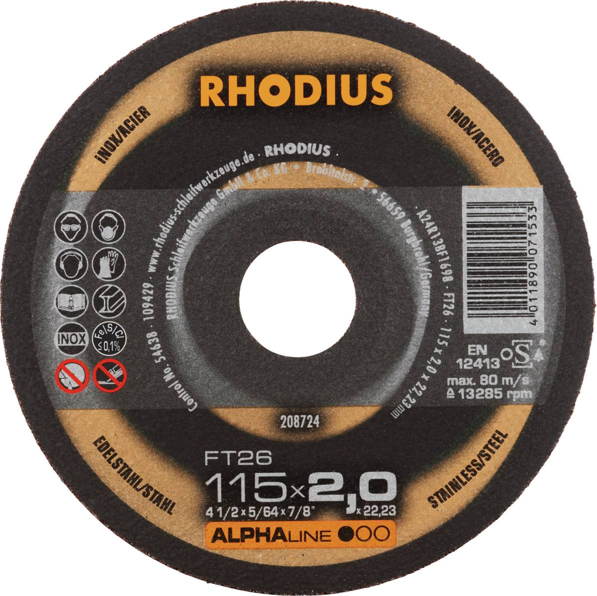 Disque à tronçonner 'RHODIUS', Type FT26, dimensions 115x2,0 mm. Adapté pour l'acier inoxydable. Conforme à la norme EN 12413.