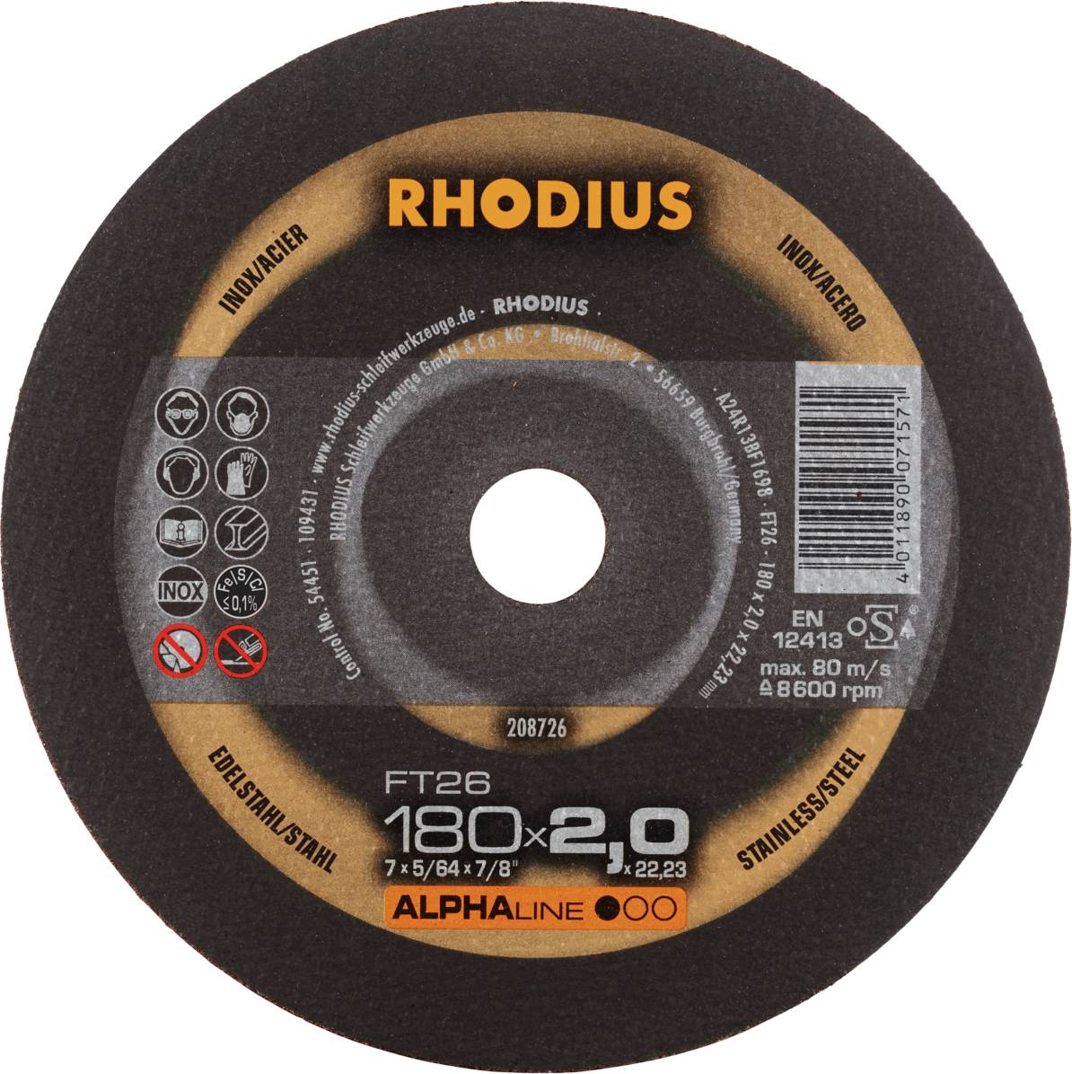 Disque abrasif portant l'inscription 'RHODIUS', diamètre 180x2,0 mm, vitesse de rotation maximale 8500 tr/min, adapté pour l'acier inoxydable.