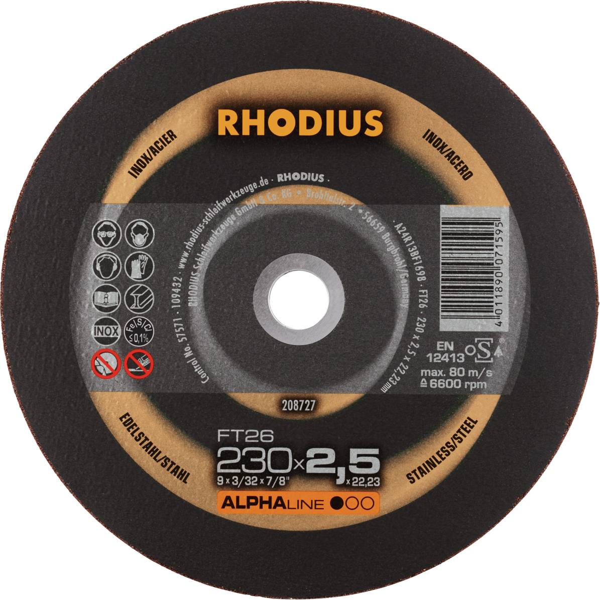 Disque à meuler portant l'inscription 'RHODIUS', diamètre 230 mm, épaisseur 2,5 mm. Pour l'acier, vitesse maximale 80 m/s. Divers symboles de sécurité.