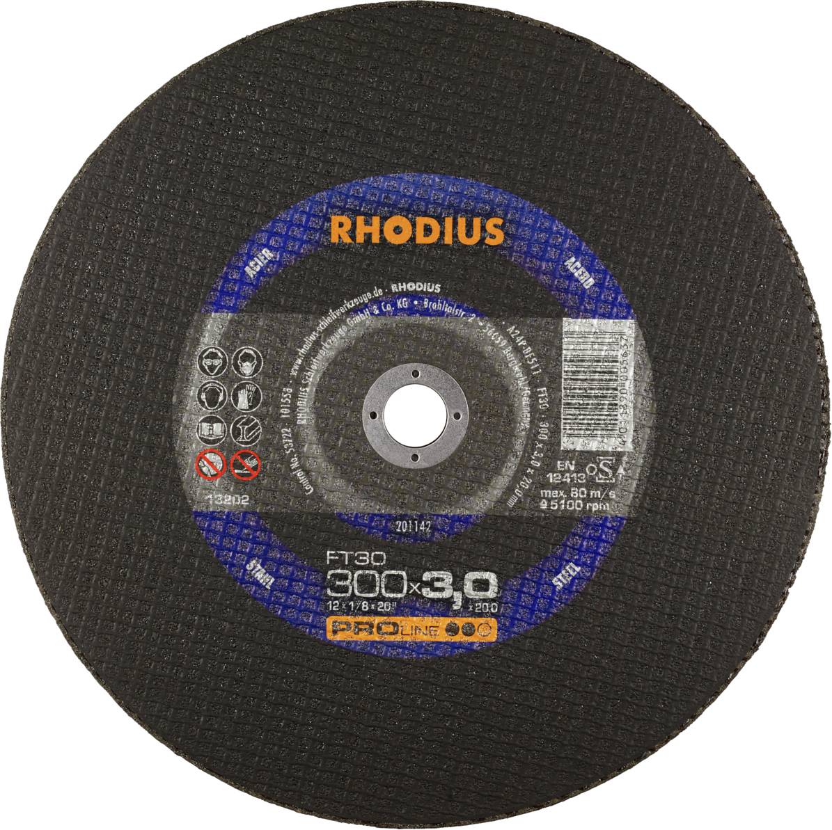 Un disque à tronçonner noir de la marque Rhodius avec des détails bleus et argentés, adapté aux travaux sur métal. Désignation du produit : FT30 300x3,0.