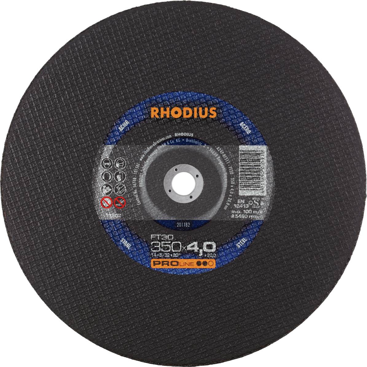 Disque à tronçonner portant l'inscription 'RHODIUS PRO LINE'. Diamètre : 350 mm, épaisseur : 4 mm. Adapté pour les applications de coupe.