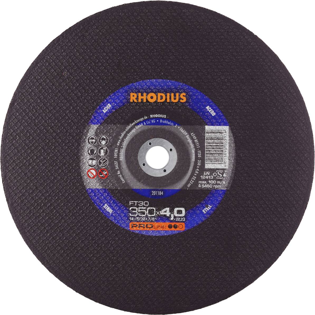 Disque à meuler portant l'inscription 'Rhodius' au centre et différentes spécifications, comprenant 'FT30', '350x4,0', et d'autres détails techniques.