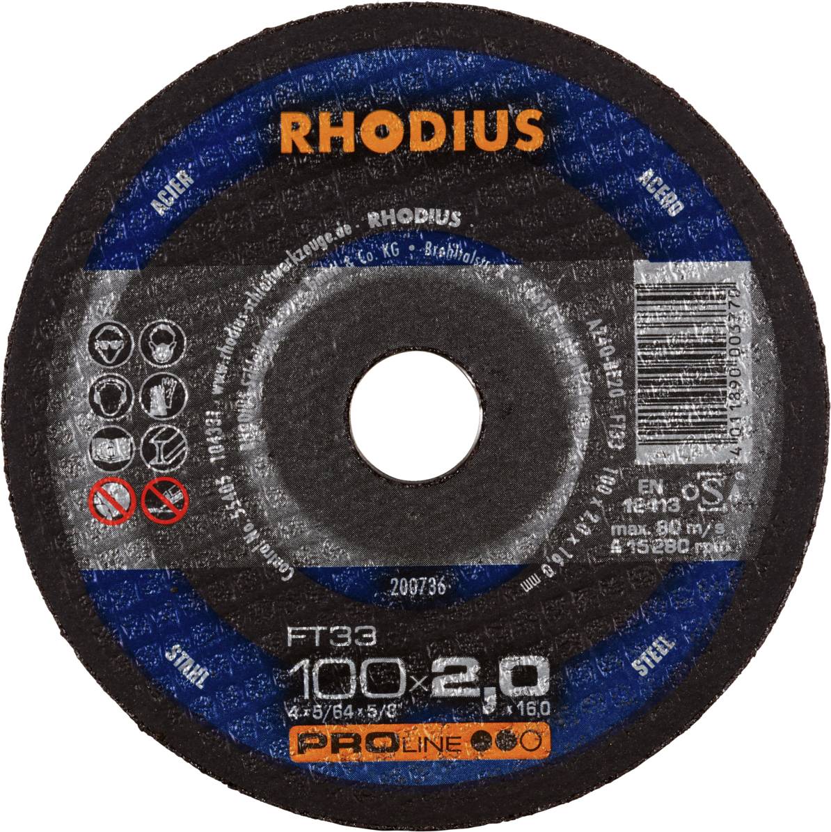 Disque à tronçonner Rhodius, modèle FT33, diamètre 100 mm, adapté pour l'acier, vitesse de rotation maximale 15300 tr/min.