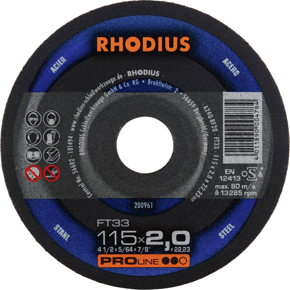 Disque à tronçonner 'RHODIUS FT33', diamètre 115 mm, épaisseur 2,0 mm, pour acier. Les informations relatives aux normes et aux consignes de sécurité sont incluses.