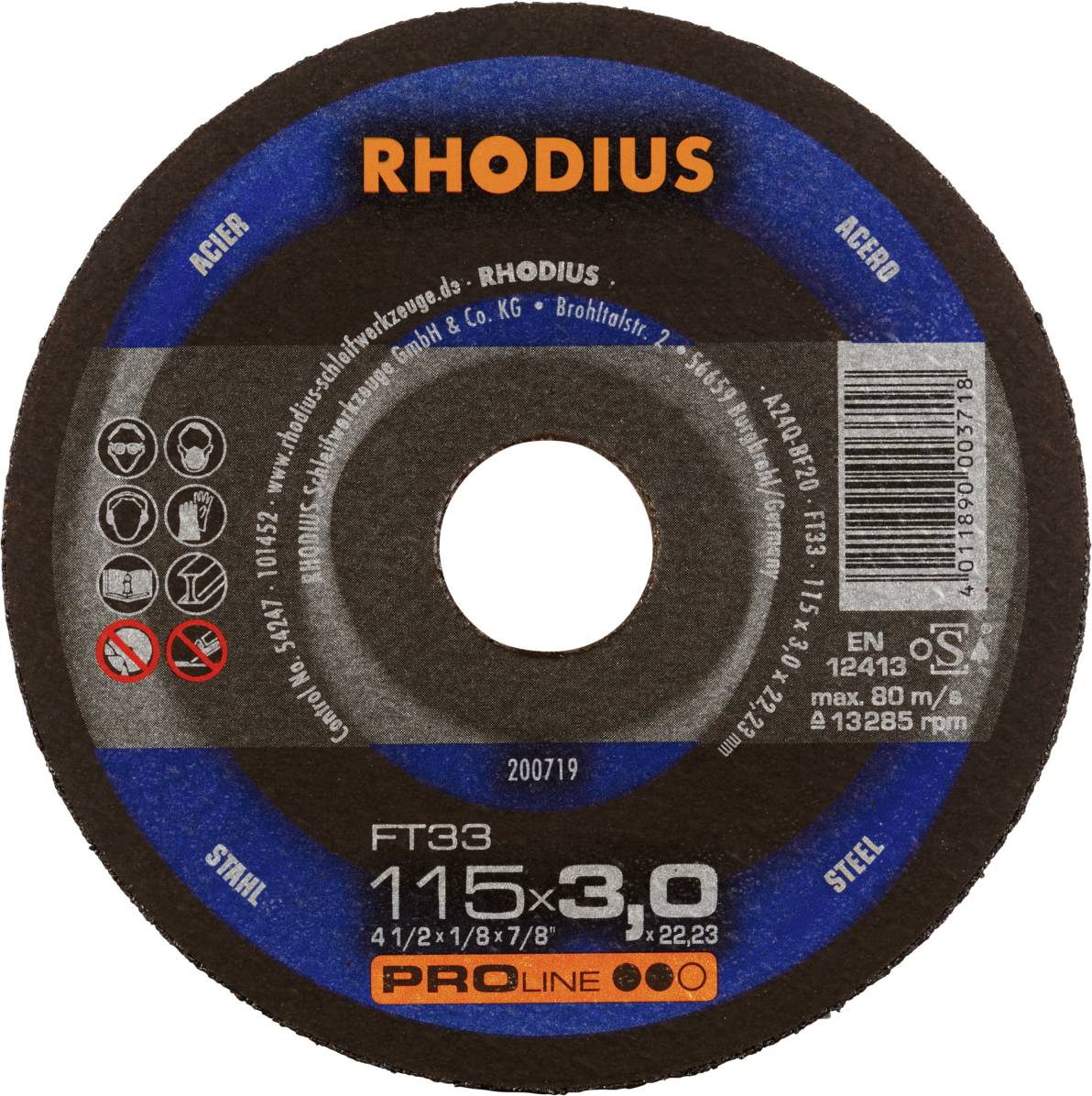 Disque à tronçonner portant l'inscription 'RHODIUS', diamètre 115 mm, épaisseur 3 mm, pour acier. Texte et symboles de spécification technique.