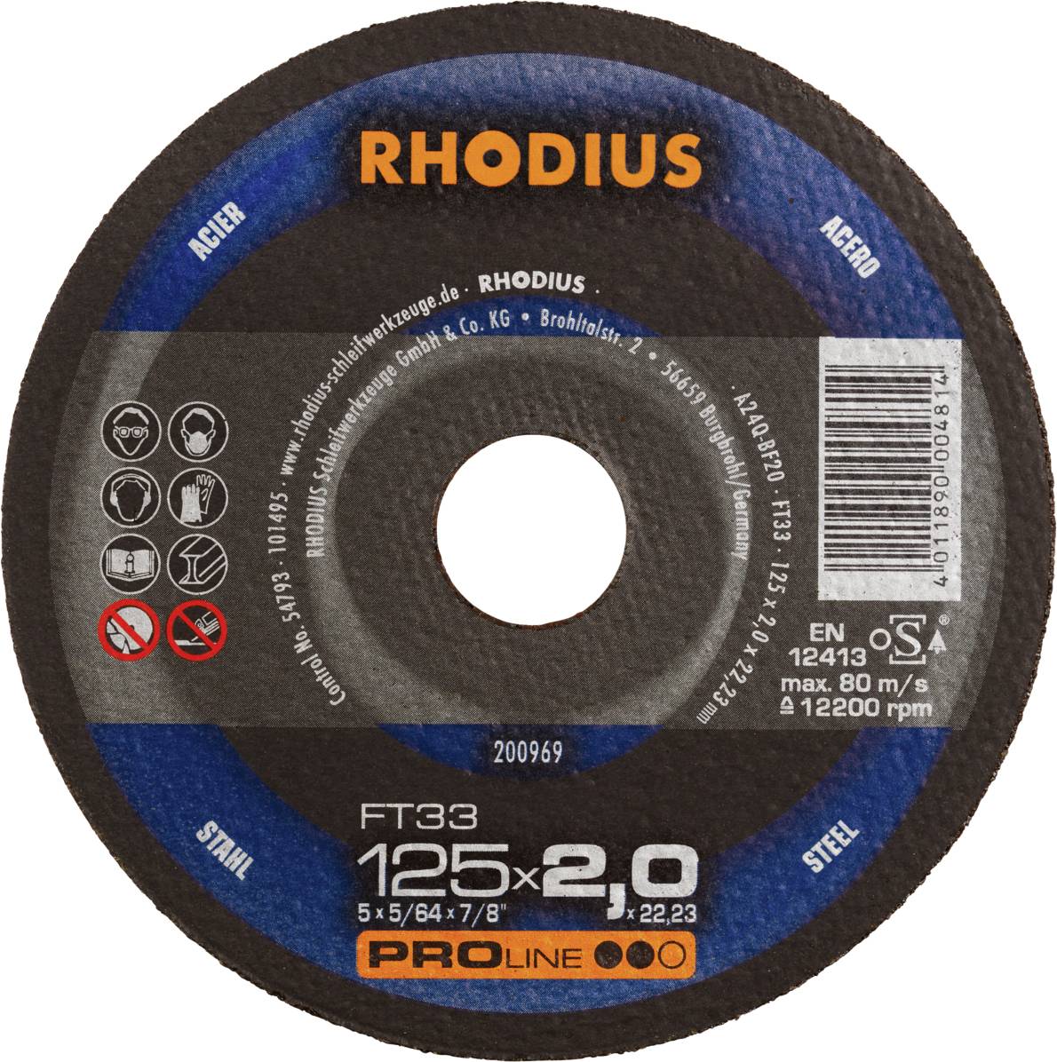 Disque à tronçonner Rhodius, FT33, acier, 125x2,0 mm, 80 m/s, max 12200 tr/min. Contient des symboles de sécurité et des informations de fabrication.