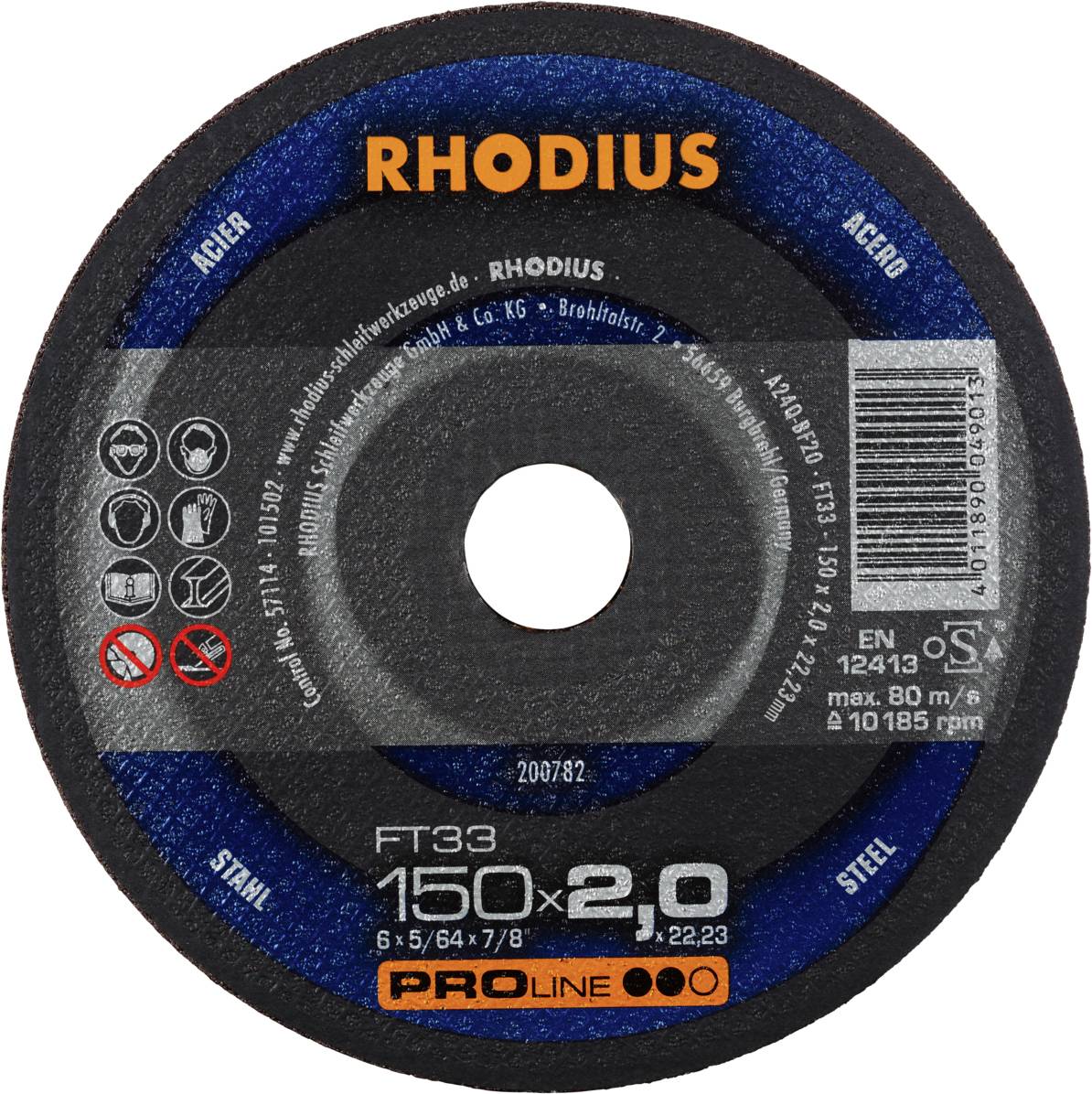 Disque à tronçonner portant l'inscription 'RHODIUS', adapté pour l'acier, diamètre 150 mm, épaisseur 2,0 mm, vitesse de rotation maximale 80 m/s.