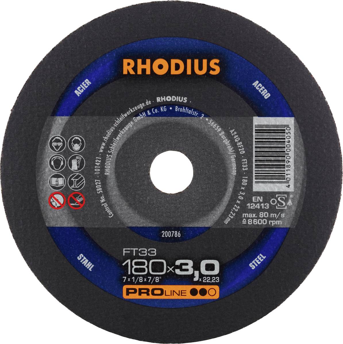 Disque à tronçonner 'RHODIUS' pour acier et acier inoxydable, diamètre 180 mm, épaisseur 3 mm. Vitesse maximale 80 m/s, 8500 tr/min, certifié EN 12413.