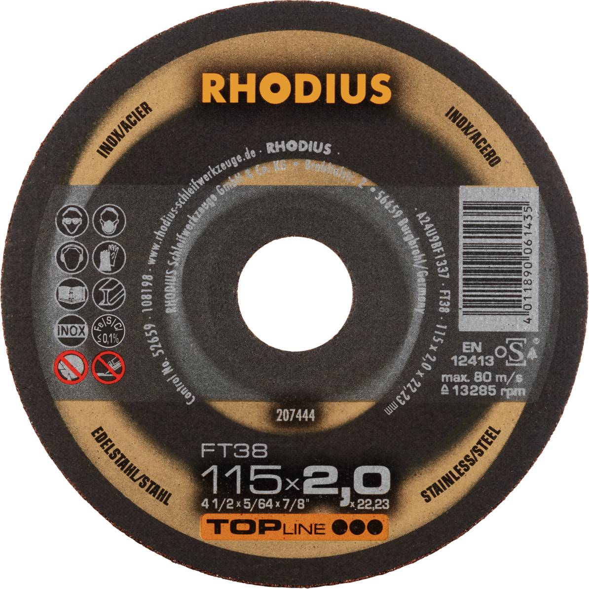 Disque à tronçonner portant les inscriptions 'RHODIUS' et 'STAINLESS STEEL', diamètre 115 mm, adapté pour l'acier inoxydable, vitesse maximale 80 m/s.