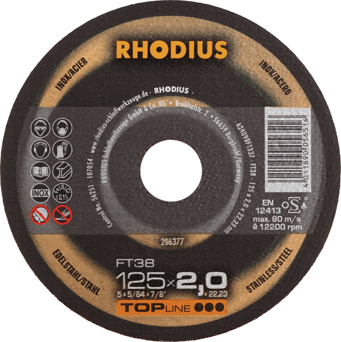 Disque à meuler Rhodius, modèle FT38, diamètre 125 mm, adapté pour l'acier inoxydable. Vitesse maximale 80 m/s et 12 200 tr/min.
