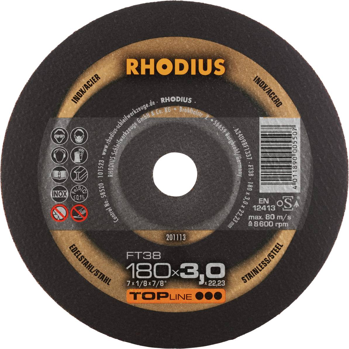 Un disque à tronçonner Rhodius, modèle FT38, diamètre 180 mm, épaisseur 3,0 mm. Adapté pour l'acier inoxydable et vitesse maximale de 80 m/s.