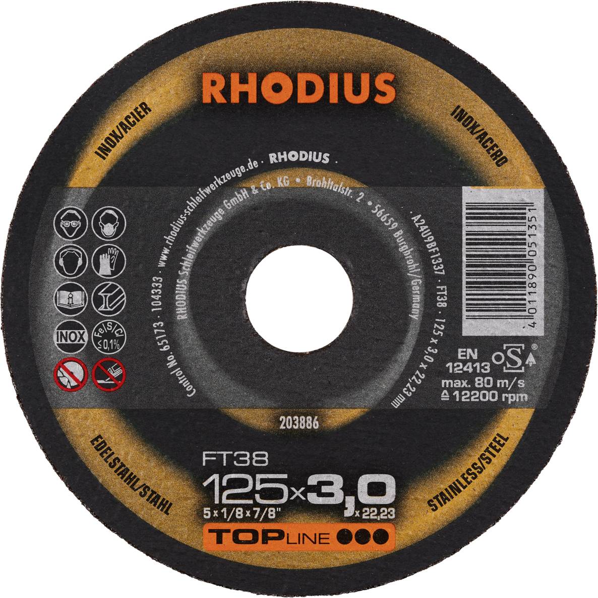 Disque à tronçonner Rhodius, diamètre 125x3,0 mm. Adapté pour l'acier inoxydable et l'acier. Contient des informations de sécurité et de fabrication.
