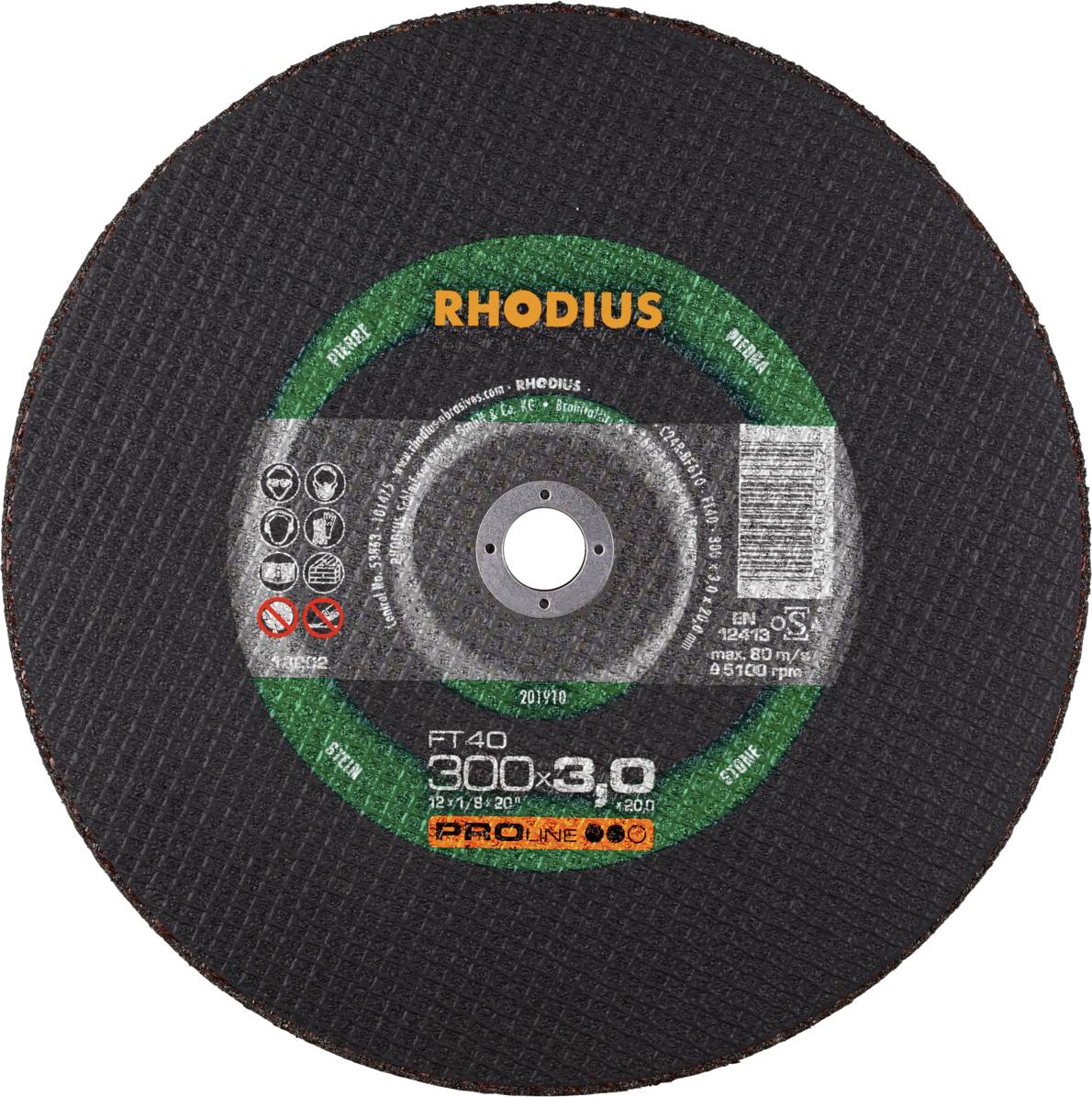 Un disque de coupe noir de la marque Rhodius avec un centre vert. Le texte sur le disque indique les spécifications et les informations de sécurité.