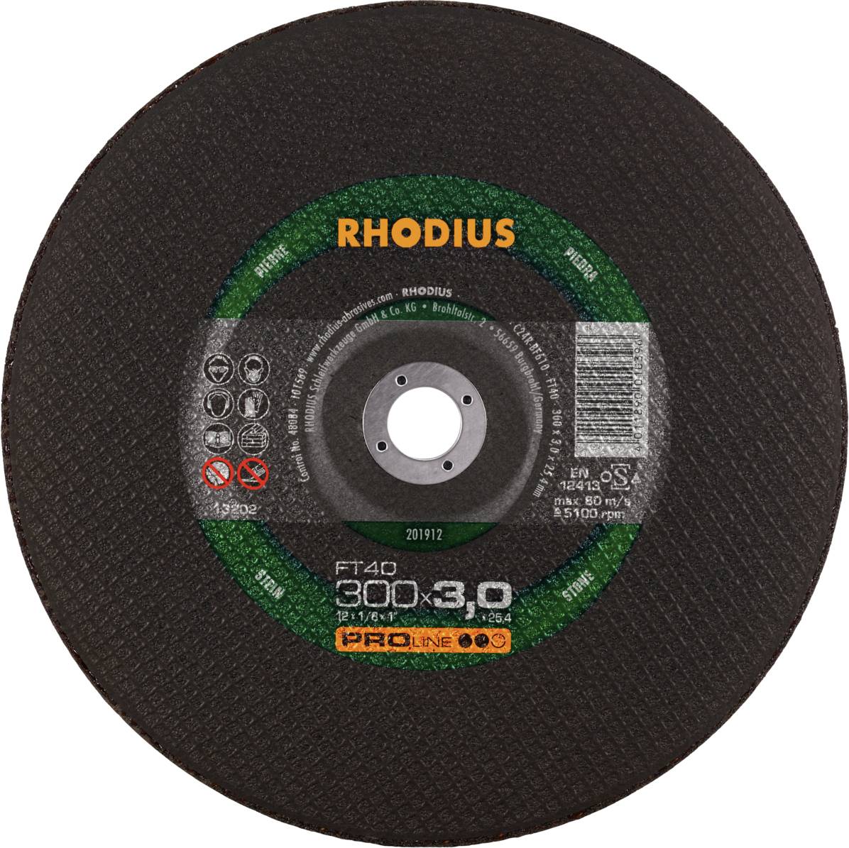 Disque à tronçonner portant l'inscription 'RHODIUS', diamètre 300 mm, épaisseur 3,0 mm, adapté pour l'usinage des métaux. Contient des informations de sécurité et de fabrication.