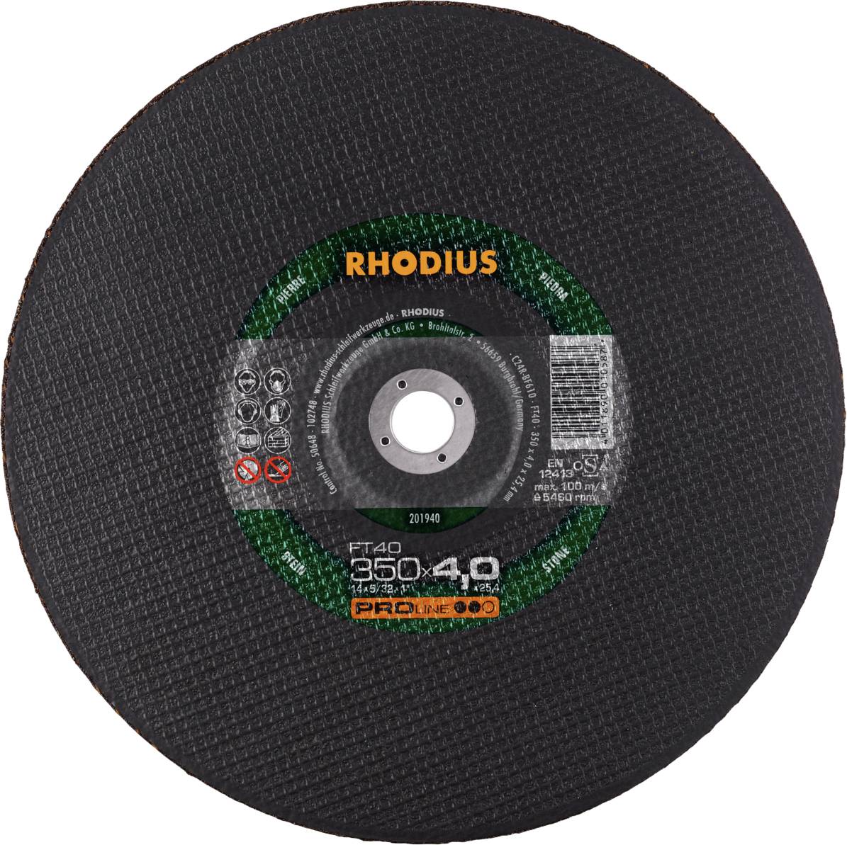 Disque à tronçonner de la marque Rhodius, modèle FT40, diamètre 350 mm, destiné à l'usinage des métaux.