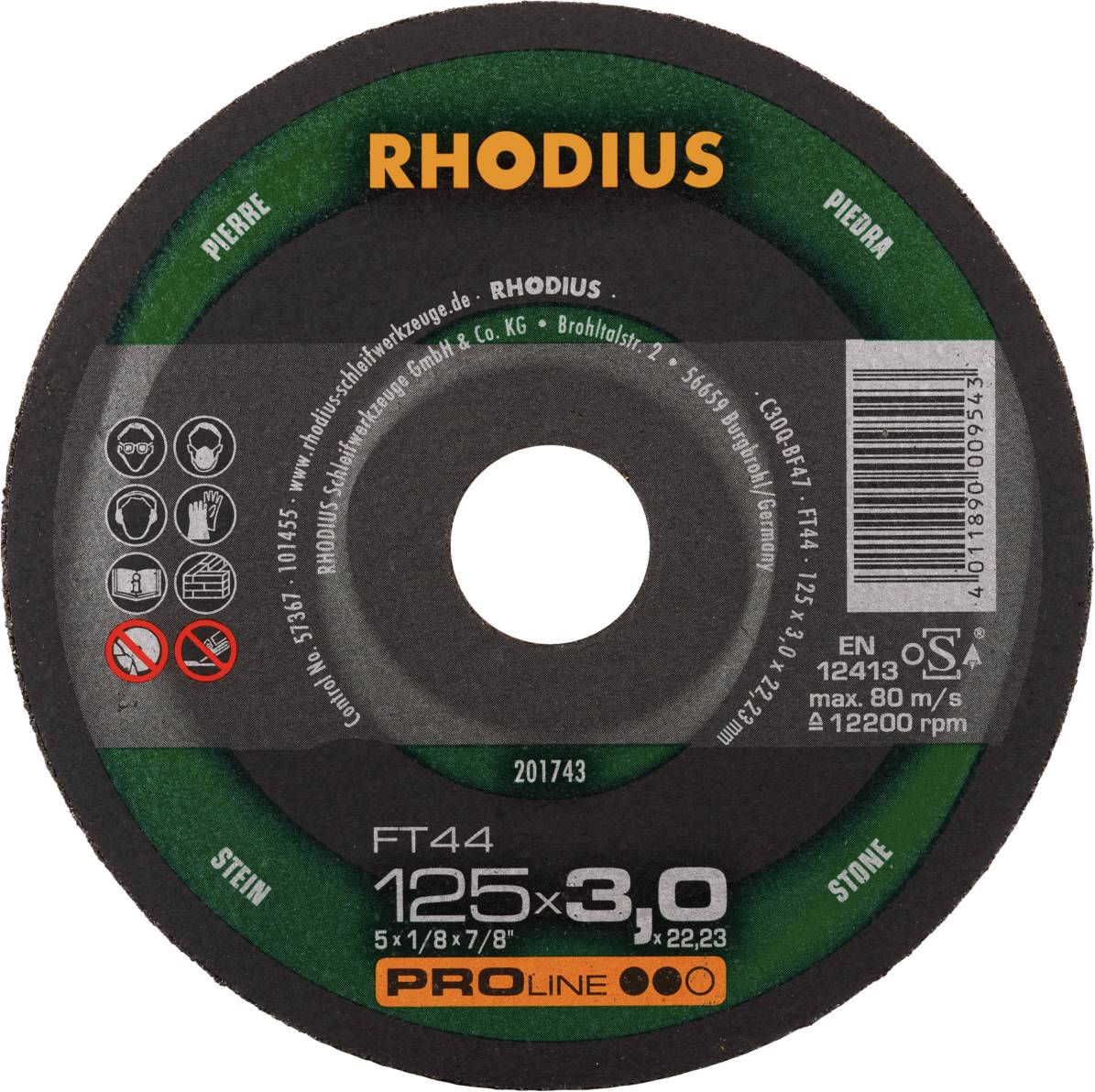 Disque à tronçonner Rhodius, type FT44, 125x3,0 mm, adapté pour le travail de la pierre. Entouré de spécifications techniques et de certificats.