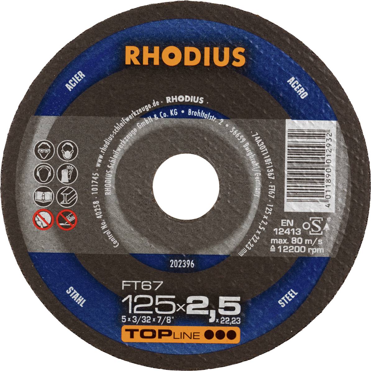 'Disque à tronçonner et à meuler RHODIUS, modèle FT67, diamètre 125 mm, épaisseur 2,5 mm, adapté pour l'acier, vitesse maximale 12 200 tr/min.'