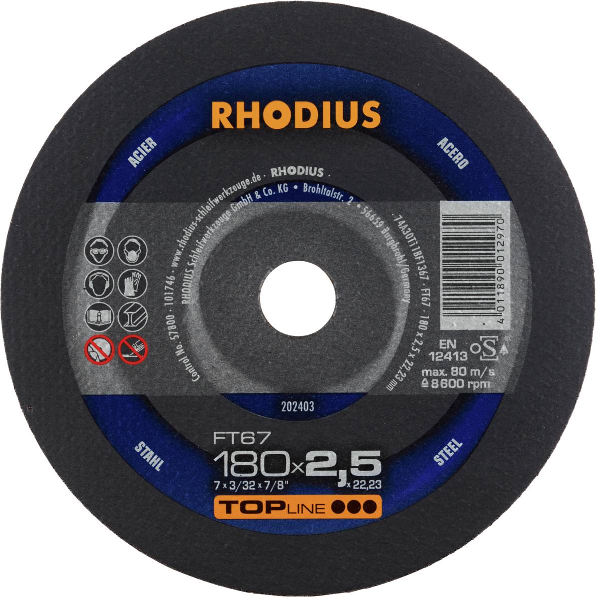 Disque à tronçonner Rhodius, 180x2,5 mm, pour acier, vitesse maximale 8500 tr/min. Contient des symboles de sécurité et des informations du fabricant.