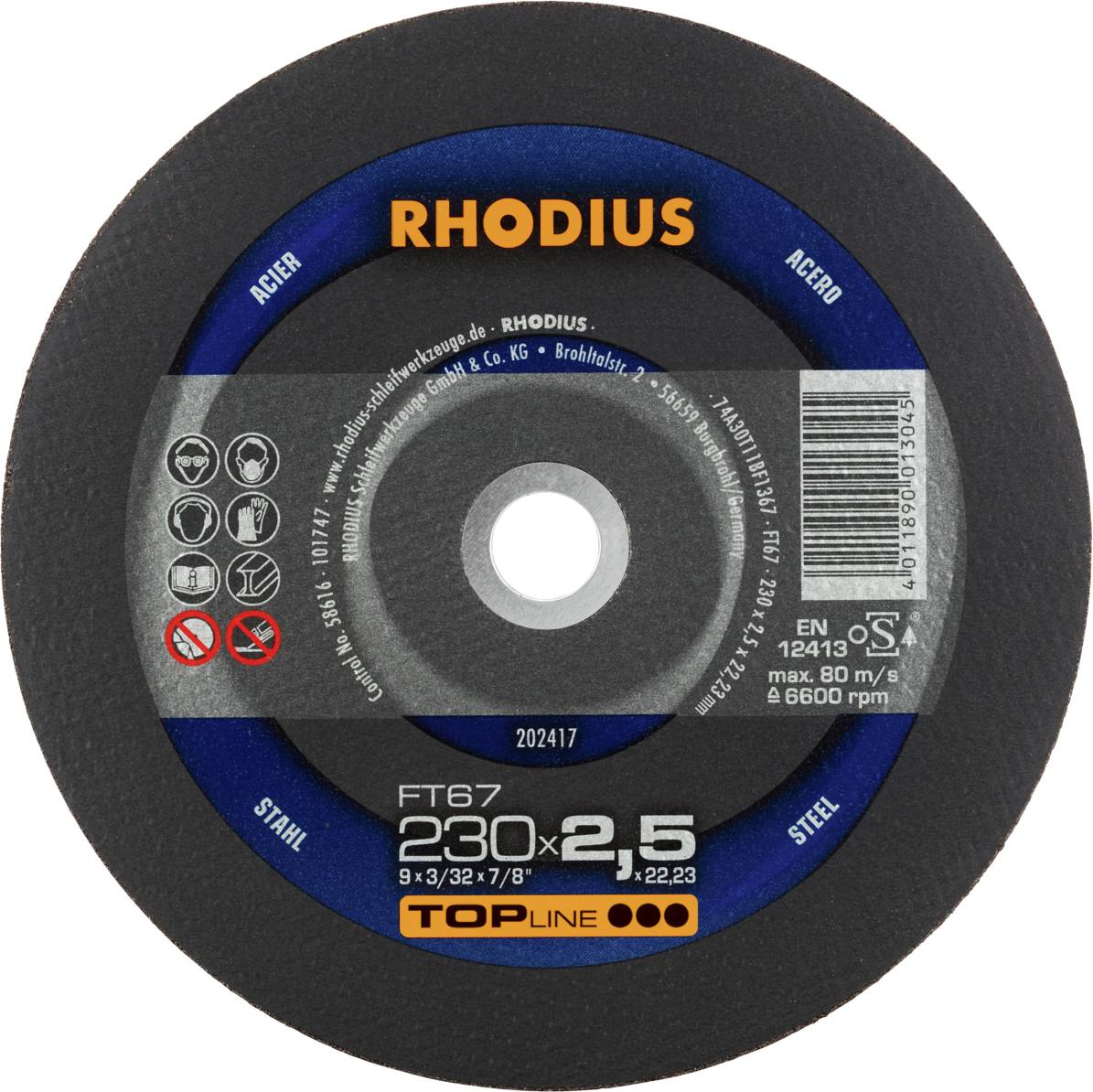 Disque à tronçonner de marque Rhodius, 230x2,5 mm, pour acier et acier inoxydable. Informations symboliques sur les mesures de protection et les spécifications de régime.