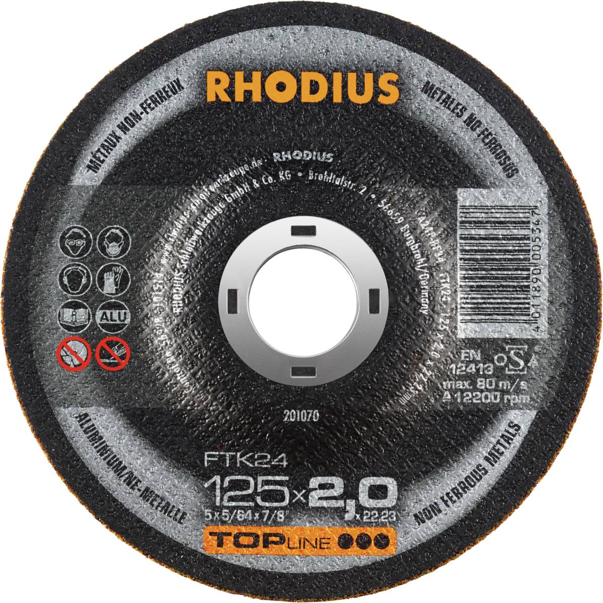 Disque à tronçonner RHODIUS, diamètre 125 mm, épaisseur 2,0 mm, adapté pour l'usinage des métaux.