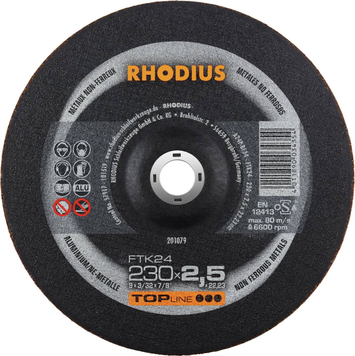 Disque à tronçonner Rhodius pour métal, diamètre 230 mm, épaisseur 2,5 mm. Adapté aux métaux non ferreux, vitesse maximale 6600 tr/min.