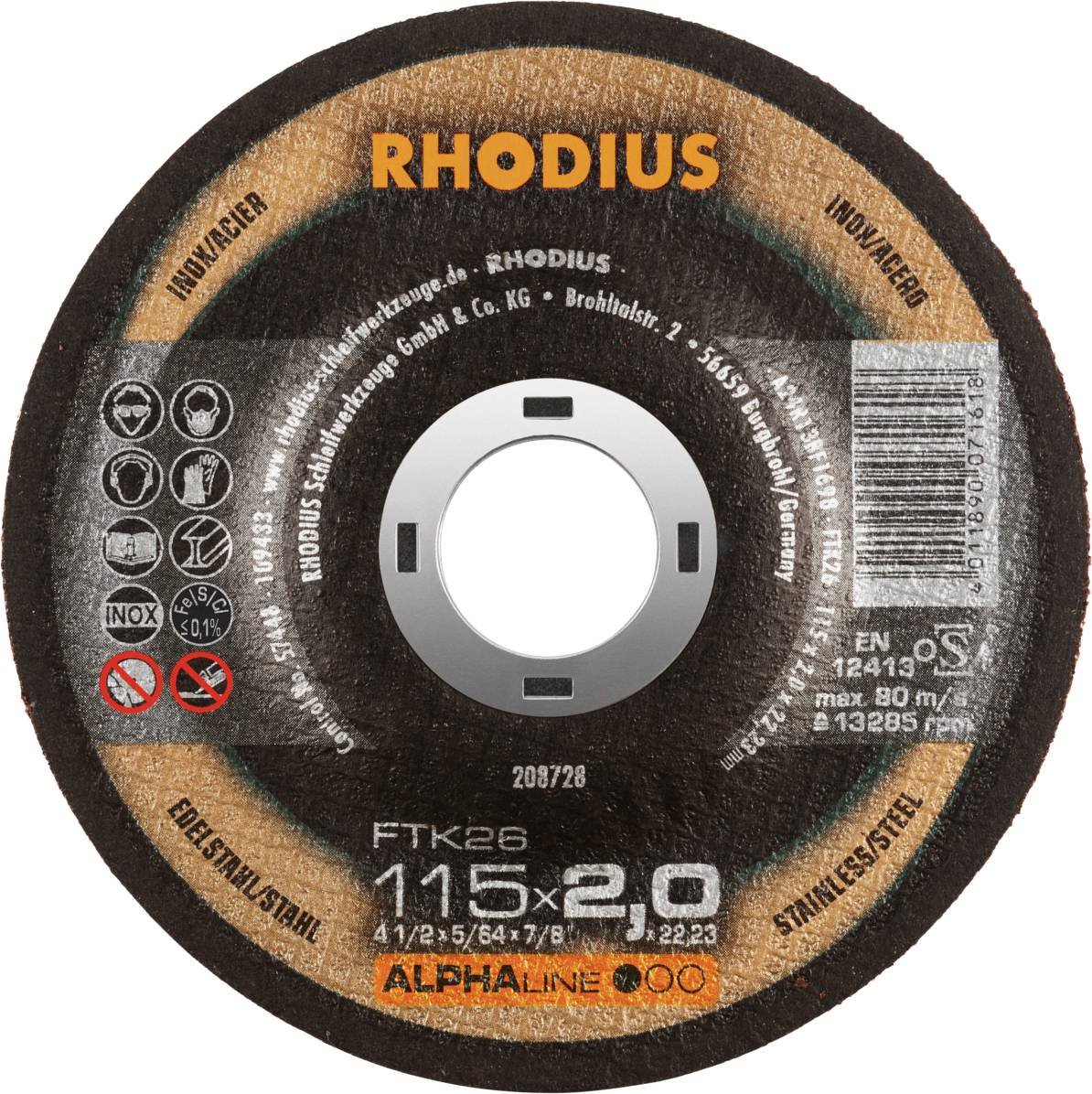 Disque à tronçonner pour l'usinage des métaux, marqué 'RHODIUS', diamètre 115 mm, épaisseur 2,0 mm, adapté pour l'acier inoxydable.