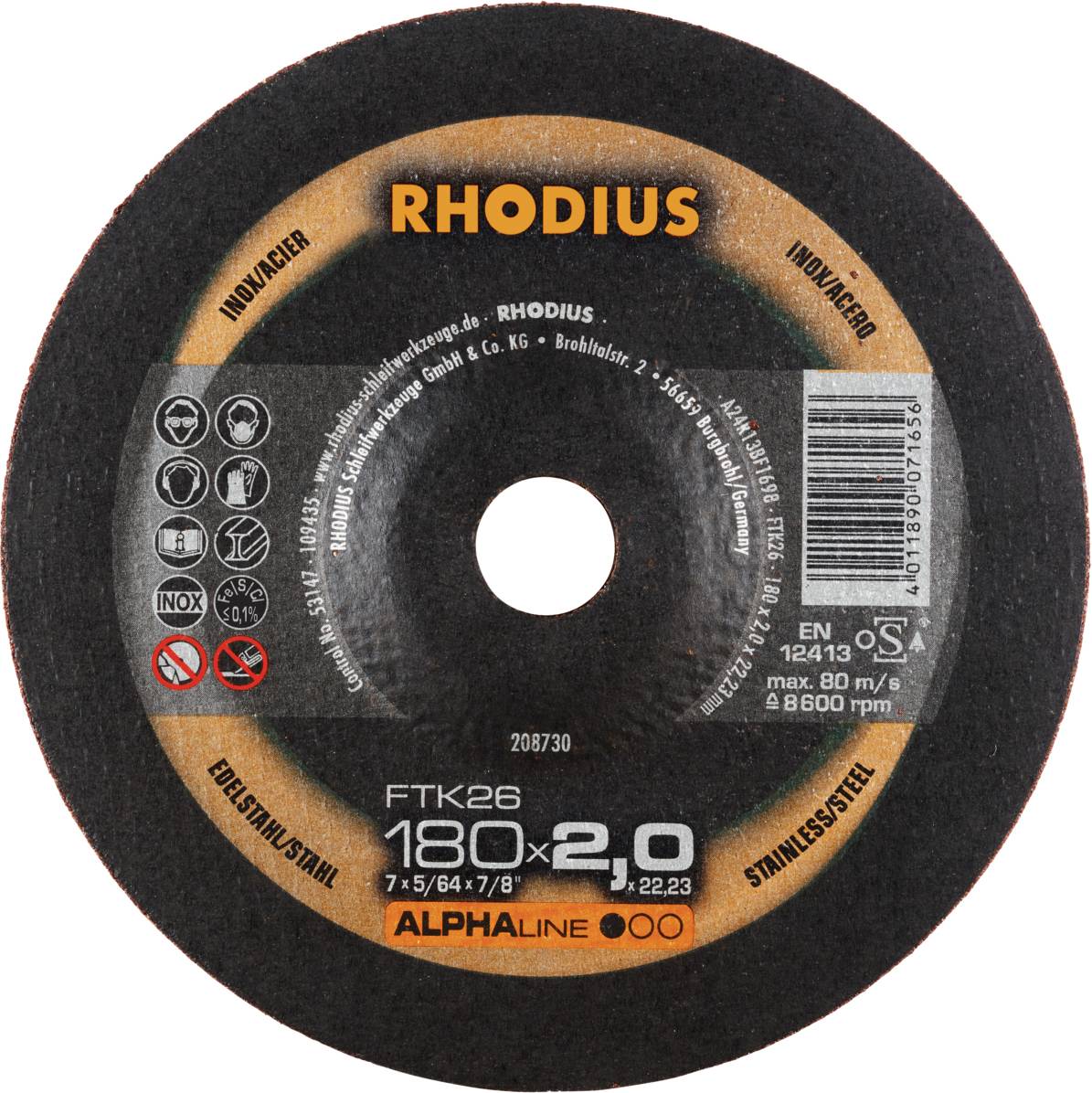 Disque à tronçonner de marque 'RHODIUS', diamètre 180 mm, épaisseur 2 mm, adapté pour l'acier inoxydable, avec consignes de sécurité.