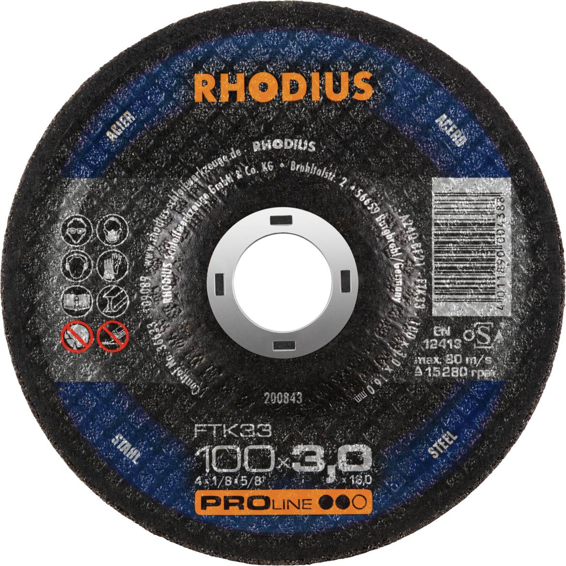 Un disque à tronçonner Rhodius, 100x3,0 mm, pour l'usinage des métaux. Comprend des symboles indiquant les consignes de sécurité et les directives d'utilisation.