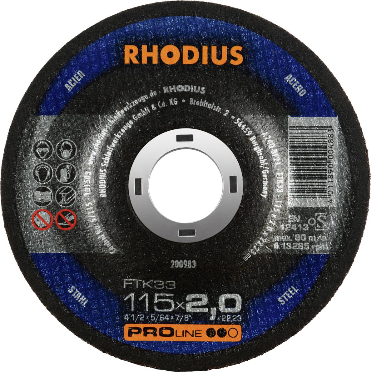 Disque de coupe 'RHODIUS' avec marquage bleu et noir. Diamètre : 115 mm, épaisseur : 2,0 mm, adapté pour le métal.