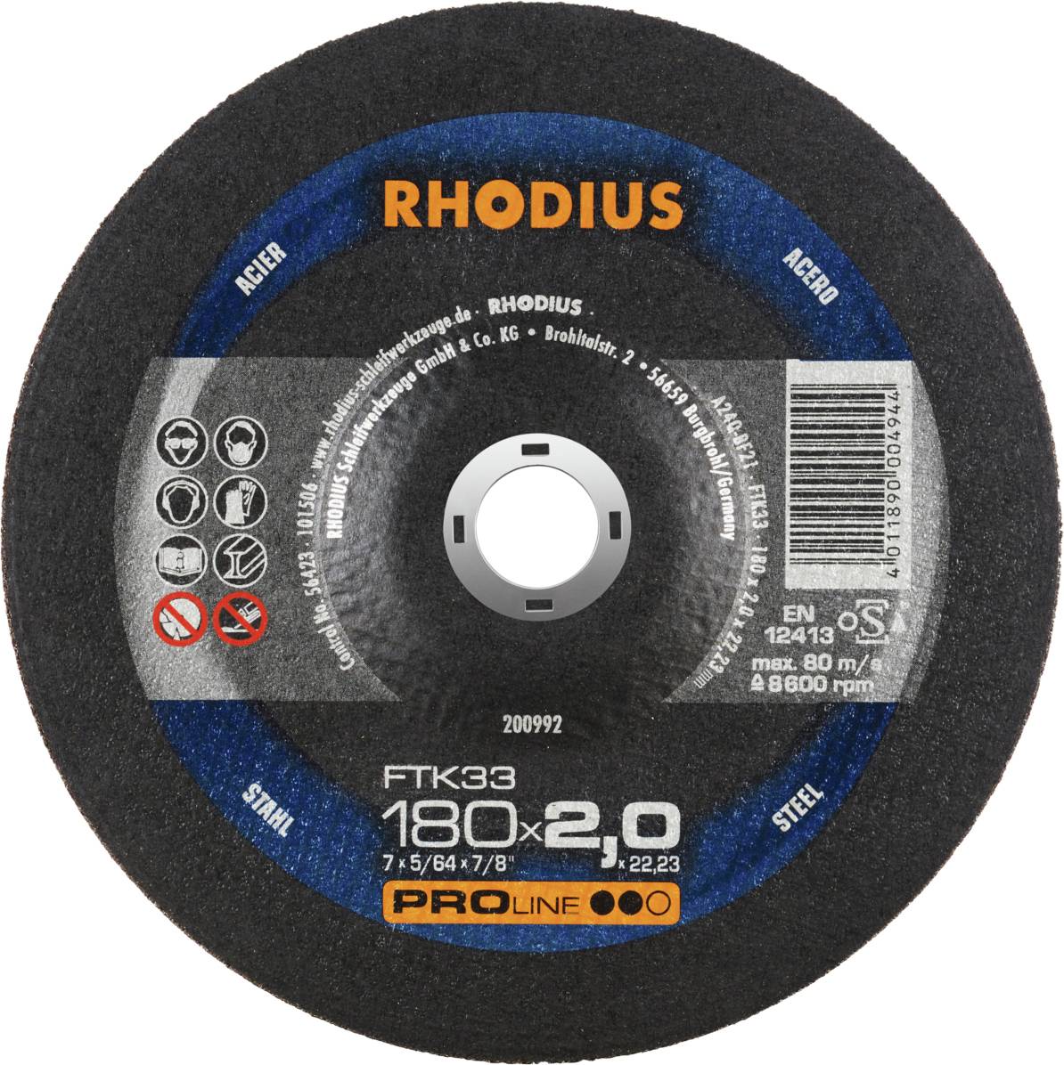 Disque abrasif portant l'inscription 'RHODIUS', diamètre 180 mm, épaisseur 2 mm, adapté pour l'acier, vitesse de rotation maximale 8600 tr/min.
