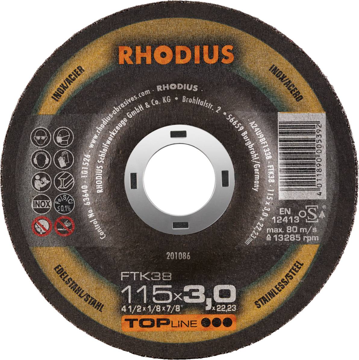 Disque à tronçonner de la marque Rhodius, type FTK38, diamètre 115 mm, adapté pour l'acier inoxydable, vitesse maximale 80 m/s, 13 285 tr/min, EN 12413.