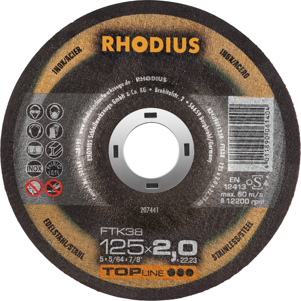 Disque à tronçonner Rhodius, diamètre 125 mm, épaisseur 2,0 mm, adapté pour l'acier inoxydable.